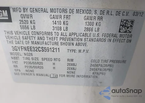 2012 Cadillac Srx Performance Collection z USA, uszkodzony, nr VIN 3GYFNEE32CS591211